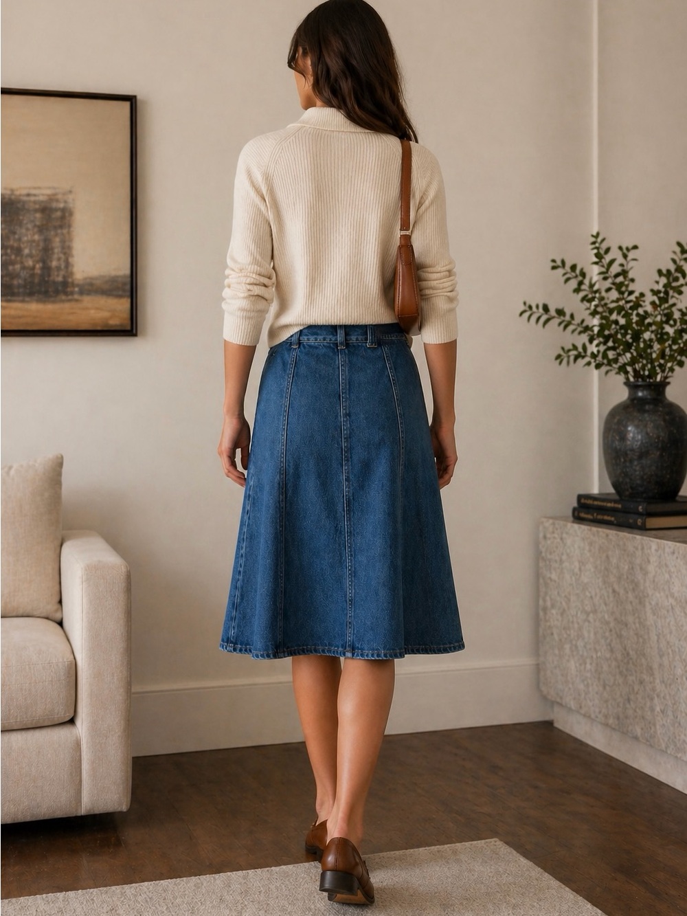 Vintage Ralph Lauren Denim A-Line Midi Skirt Paneled Cotton Prairie Luxury 14 L - Picture 2 of 8